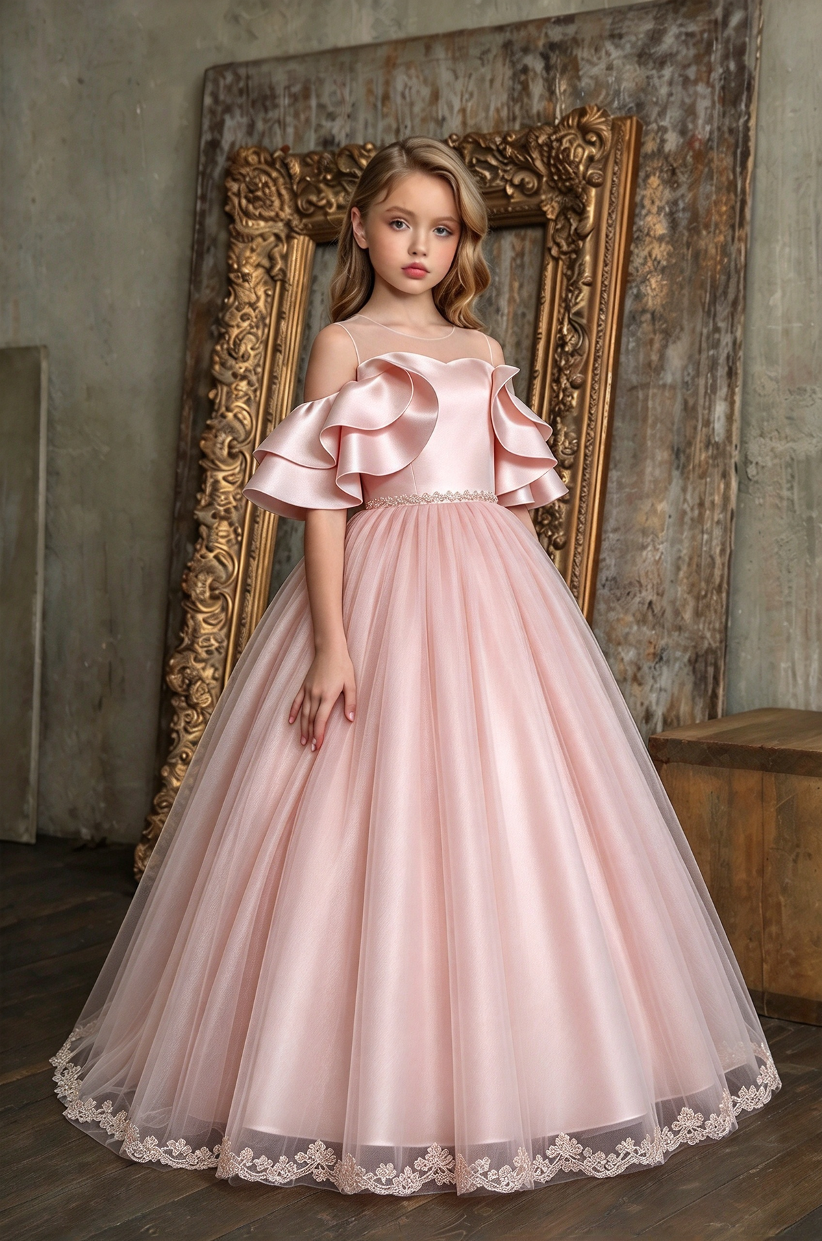 Champagne Satin Off Shoulder Ruffle Lace Tulle A-Line Dress
