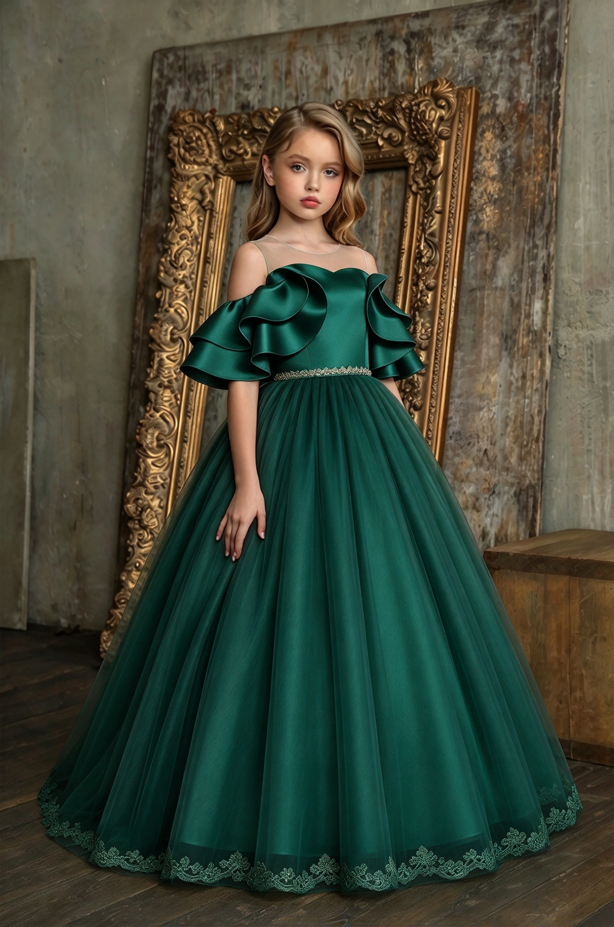 Champagne Satin Off Shoulder Ruffle Lace Tulle A-Line Dress