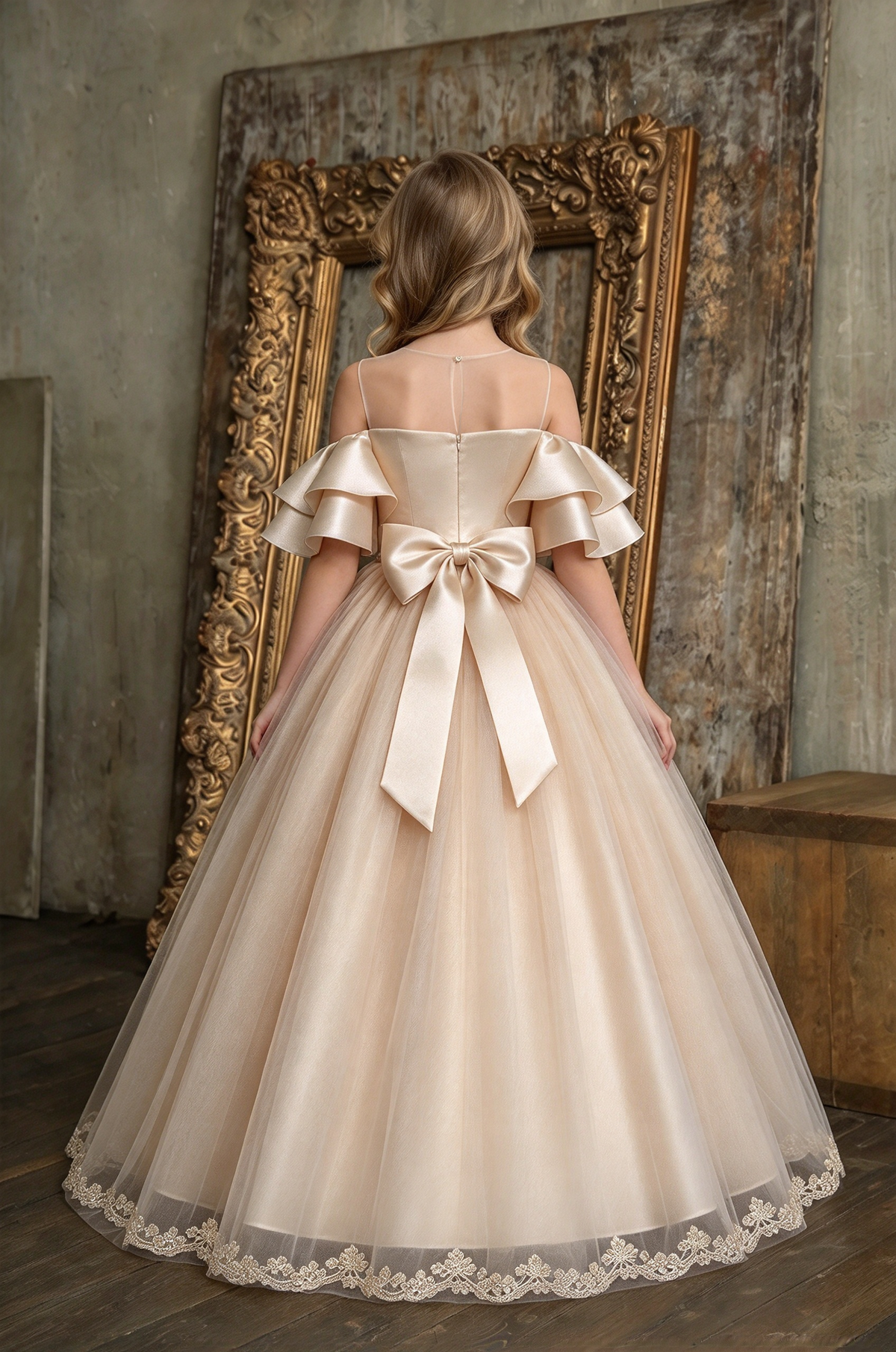Champagne Satin Off Shoulder Ruffle Lace Tulle A-Line Dress