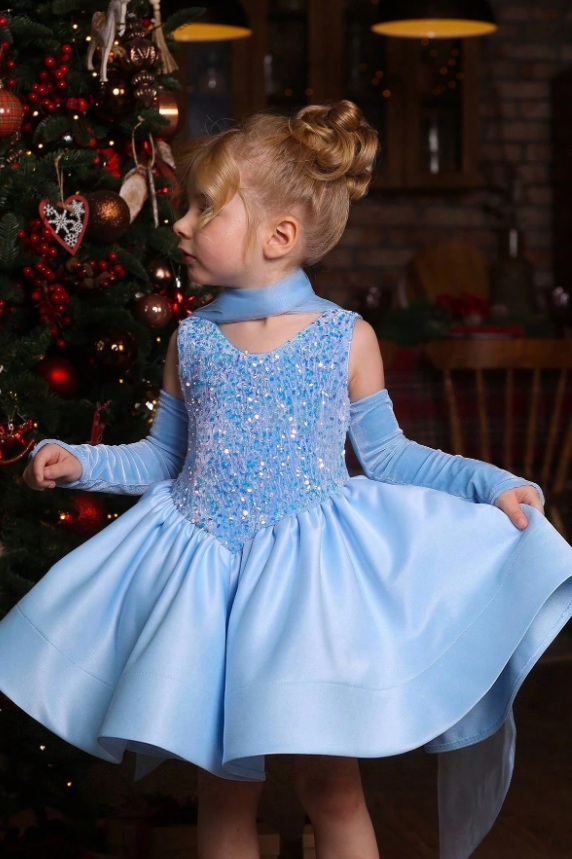 Light Blue Velvet Sequin Satin A-Line Party Dress