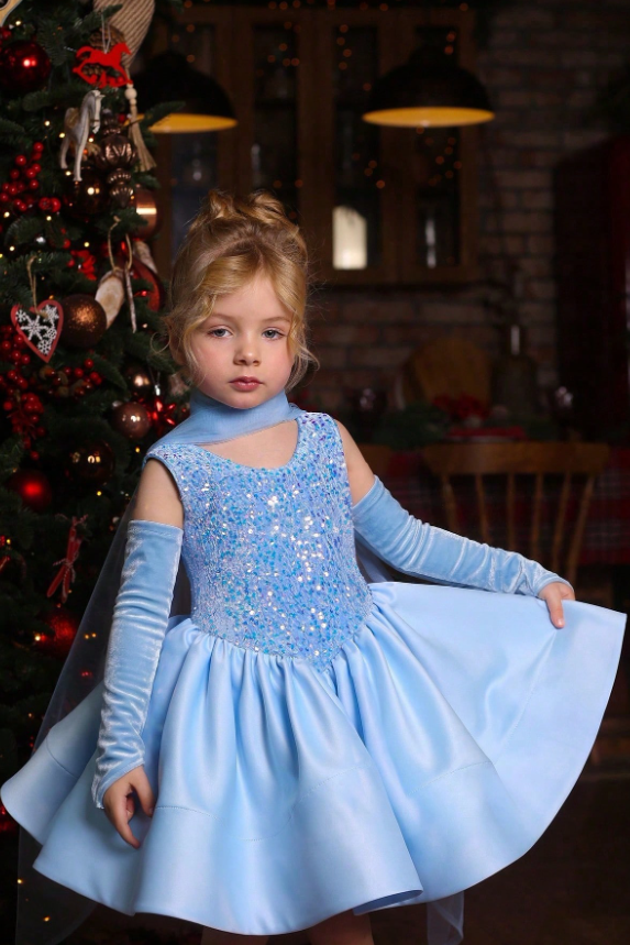 Light Blue Velvet Sequin Satin A-Line Party Dress