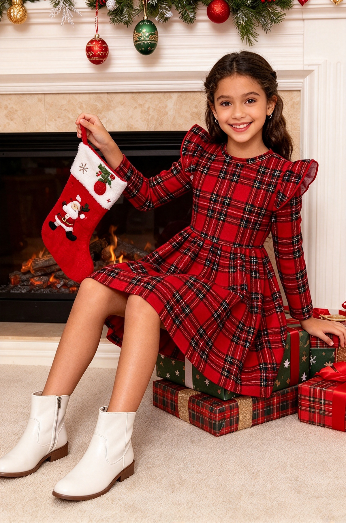 Red Plaid Ruffle Long Sleeve Girls A-Line Christmas Dress