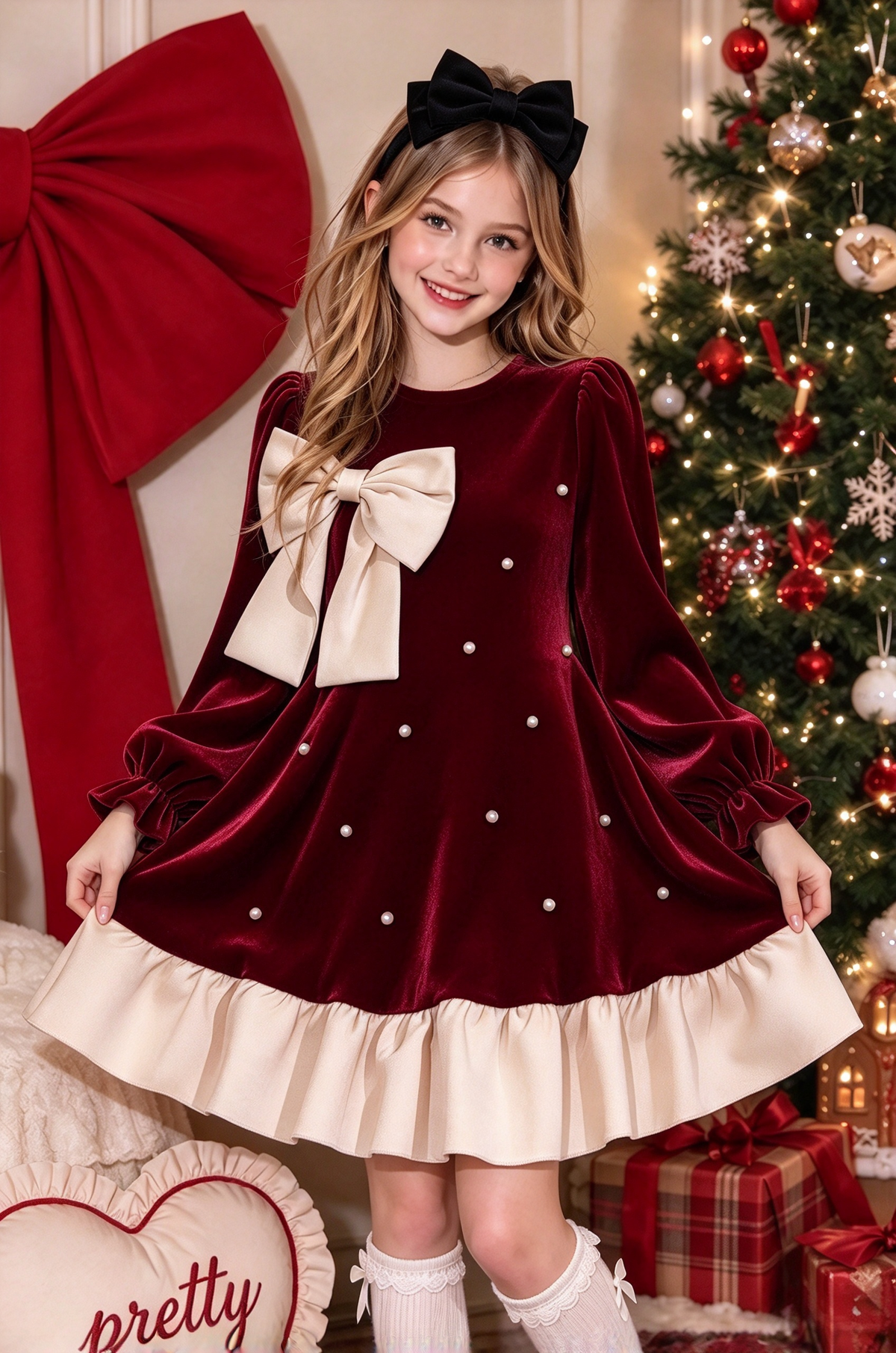 Black Velvet Pearl Bow Girls Long Sleeve A-Line Christmas Dress
