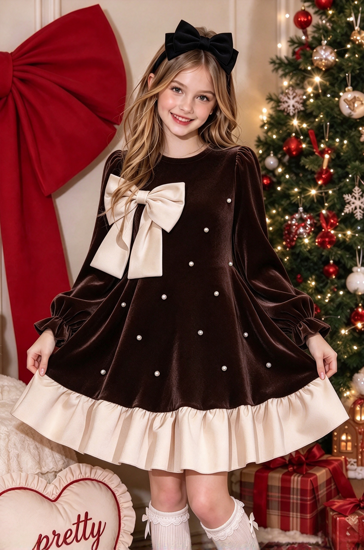Black Velvet Pearl Bow Girls Long Sleeve A-Line Christmas Dress