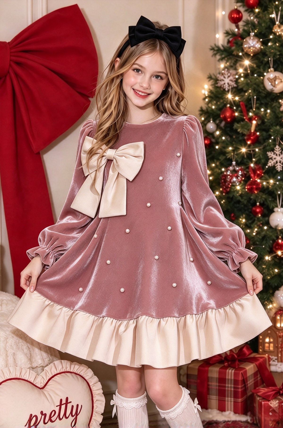 Black Velvet Pearl Bow Girls Long Sleeve A-Line Christmas Dress