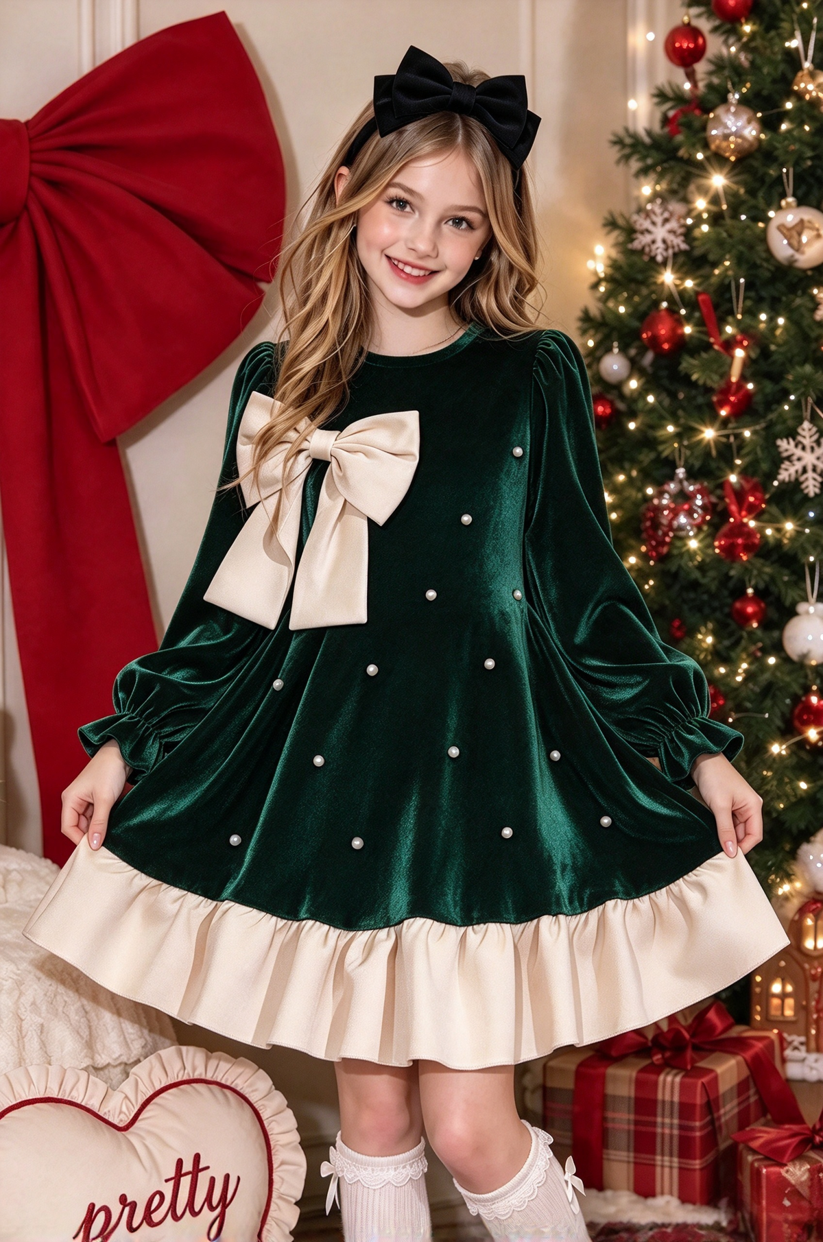 Black Velvet Pearl Bow Girls Long Sleeve A-Line Christmas Dress