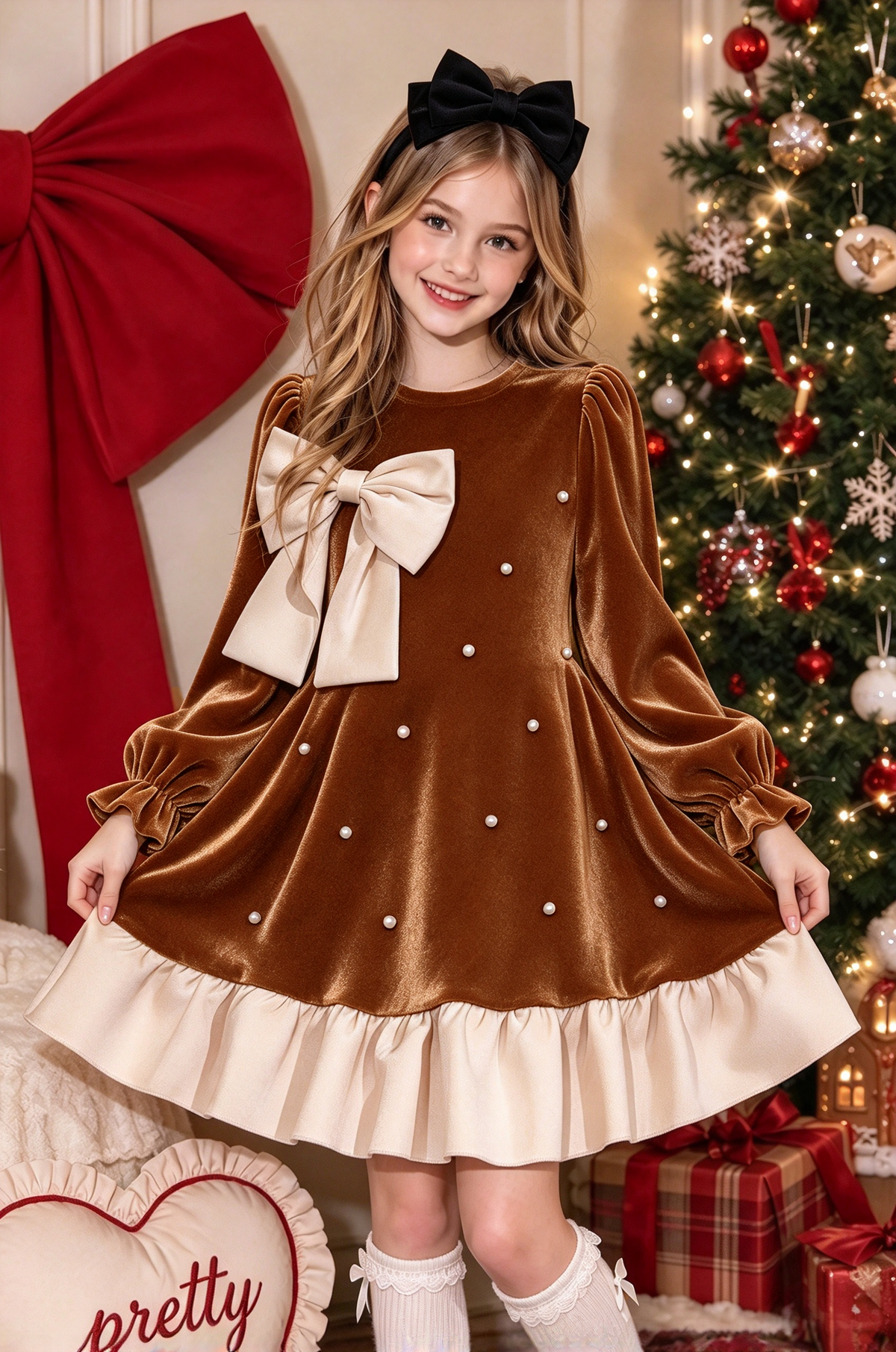 Black Velvet Pearl Bow Girls Long Sleeve A-Line Christmas Dress