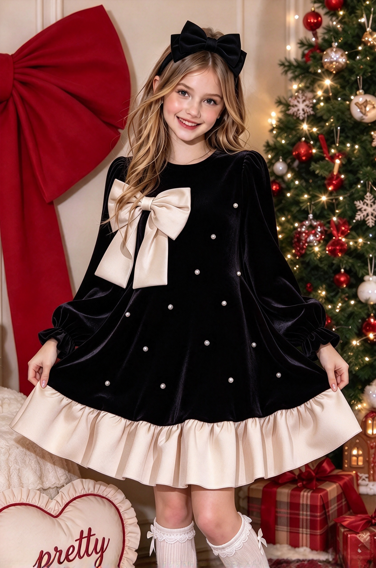 Black Velvet Pearl Bow Girls Long Sleeve A-Line Christmas Dress