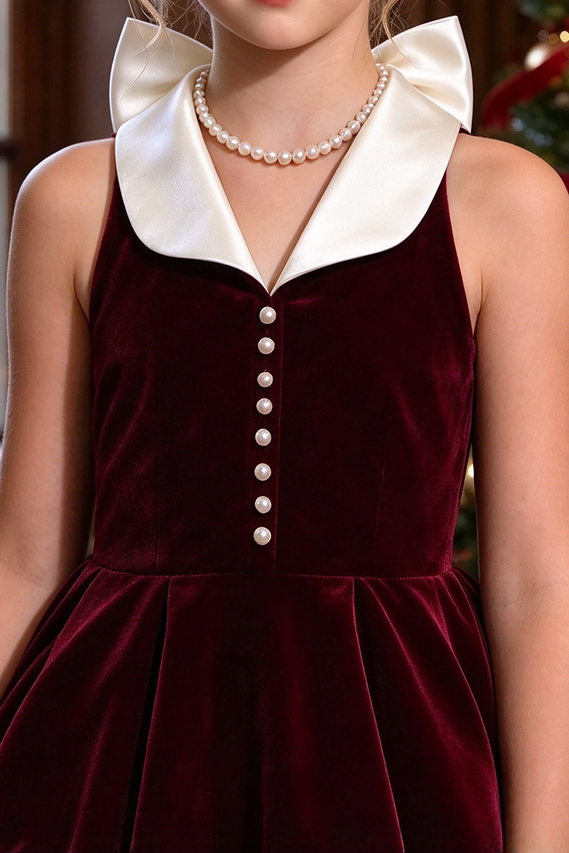 irls Burgundy Velvet Dress with Satin Bubble Skirt