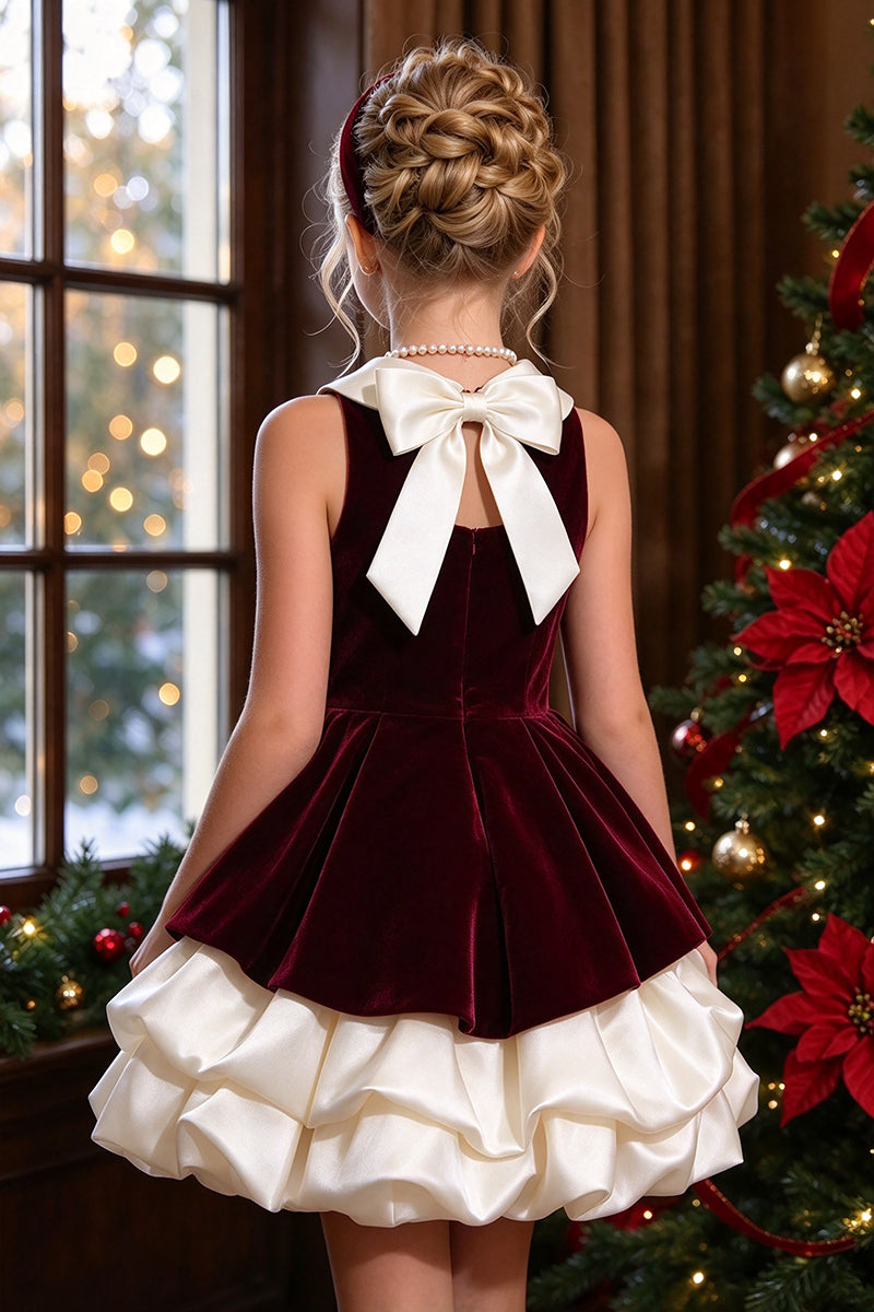 irls Burgundy Velvet Dress with Satin Bubble Skirt