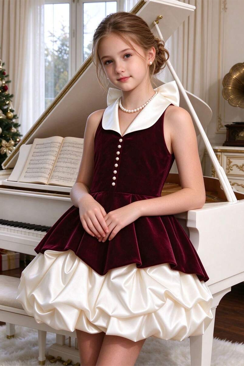 irls Burgundy Velvet Dress with Satin Bubble Skirt