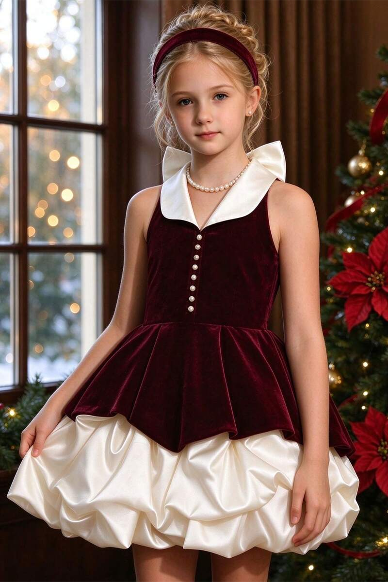 irls Burgundy Velvet Dress with Satin Bubble Skirt