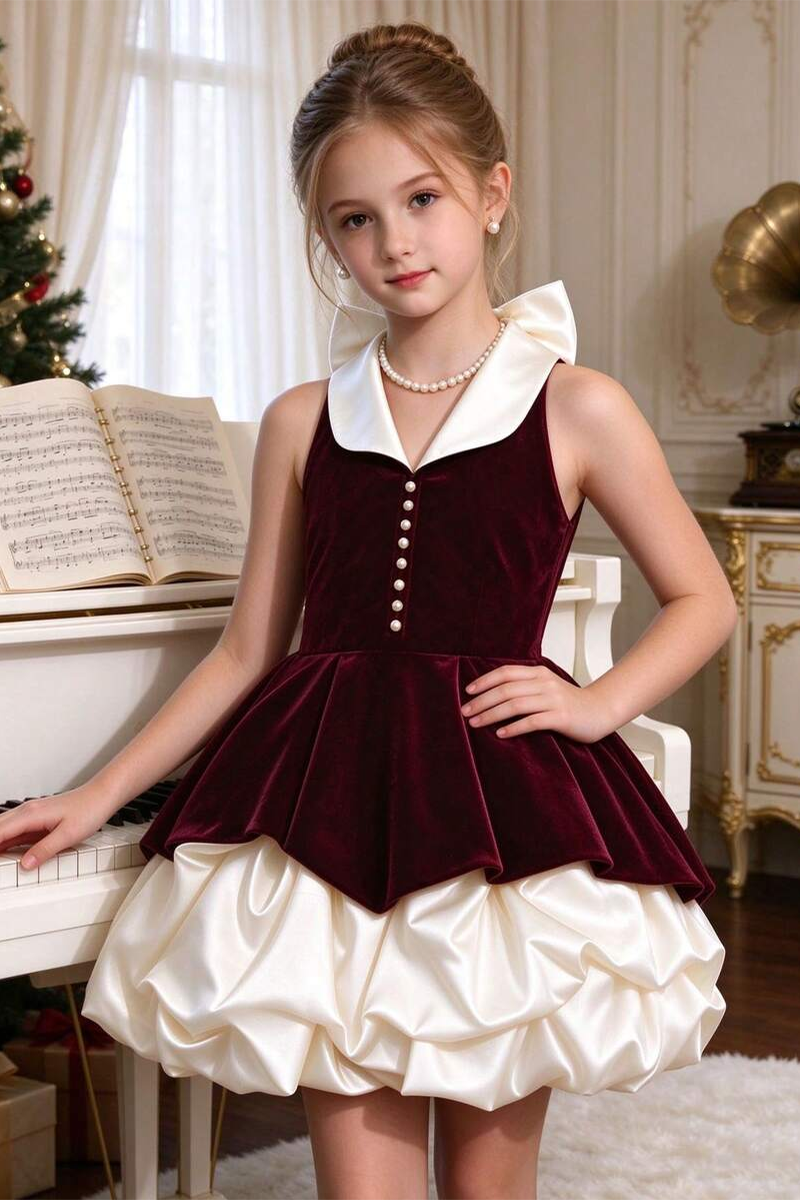 irls Burgundy Velvet Dress with Satin Bubble Skirt