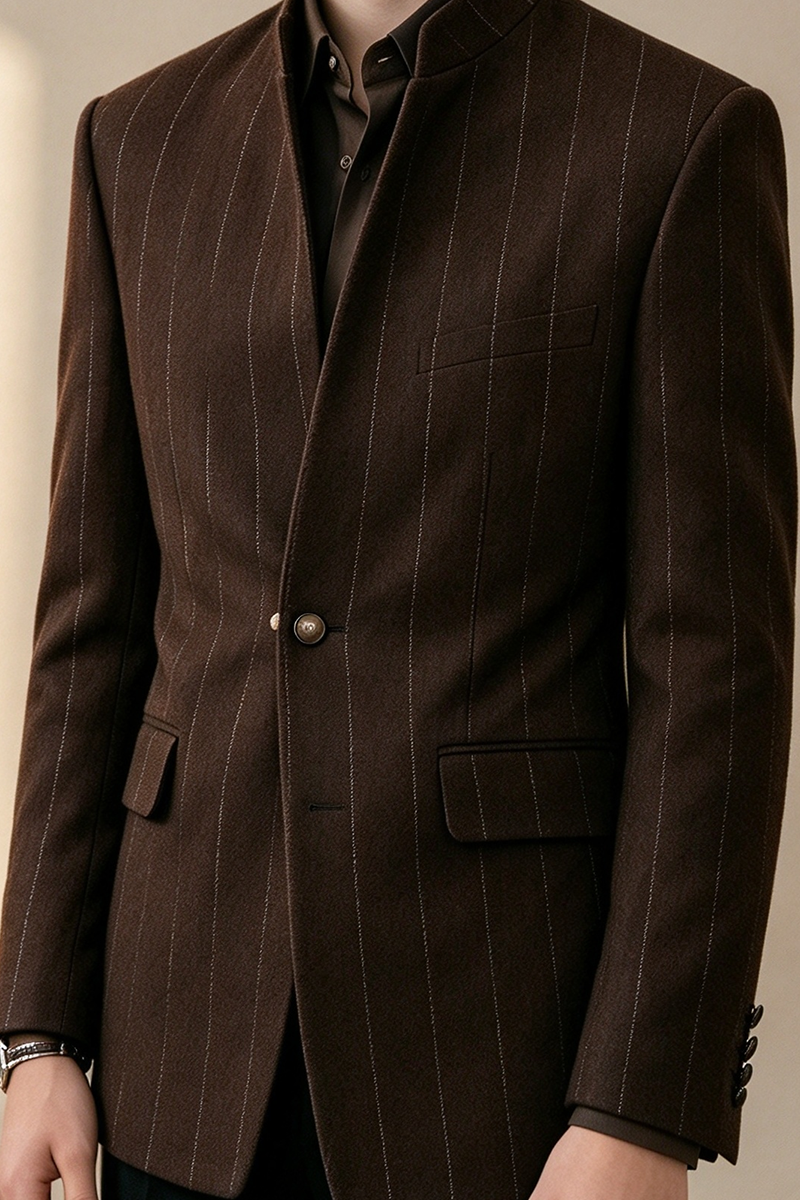 Boys Brown Pinstripe with Mandarin Collar 2-Piece Suit