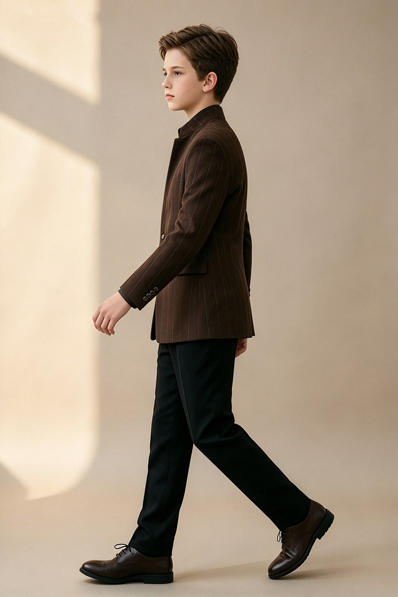 Boys Brown Pinstripe with Mandarin Collar 2-Piece Suit