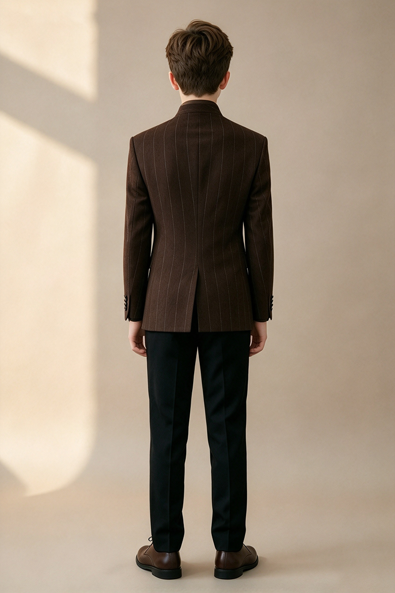 Boys Brown Pinstripe with Mandarin Collar 2-Piece Suit