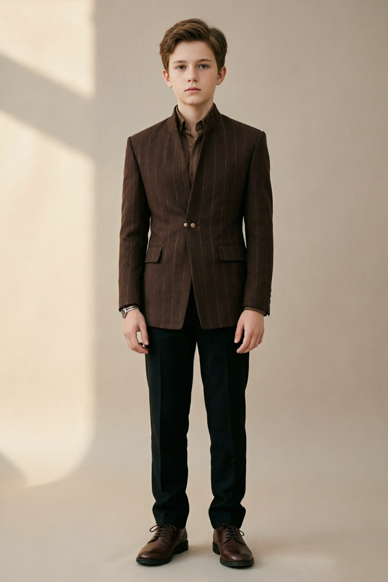 Boys Brown Pinstripe with Mandarin Collar 2-Piece Suit