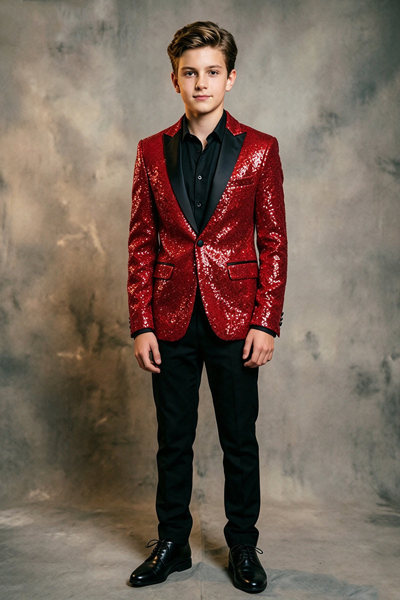 Boys Red Sequin Tuxedo with Satin Shawl Lapel 2-Piece Suit