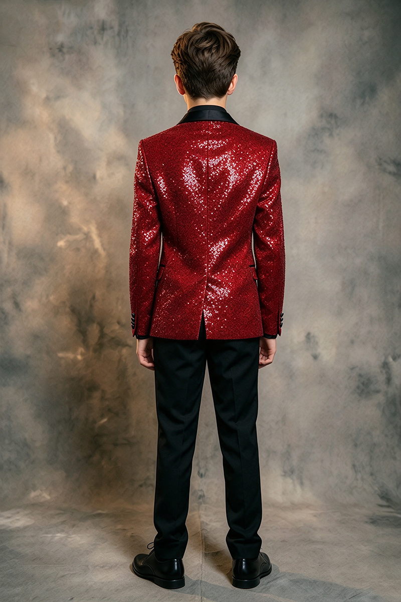 Boys Red Sequin Tuxedo with Satin Shawl Lapel 2-Piece Suit