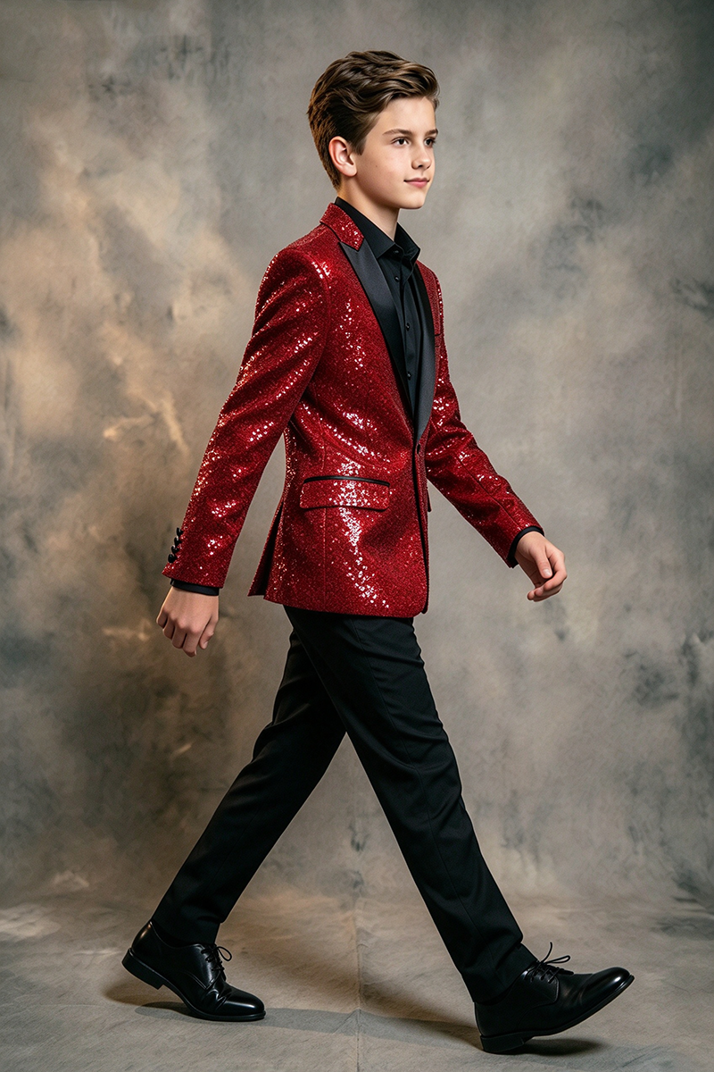 Boys Red Sequin Tuxedo with Satin Shawl Lapel 2-Piece Suit