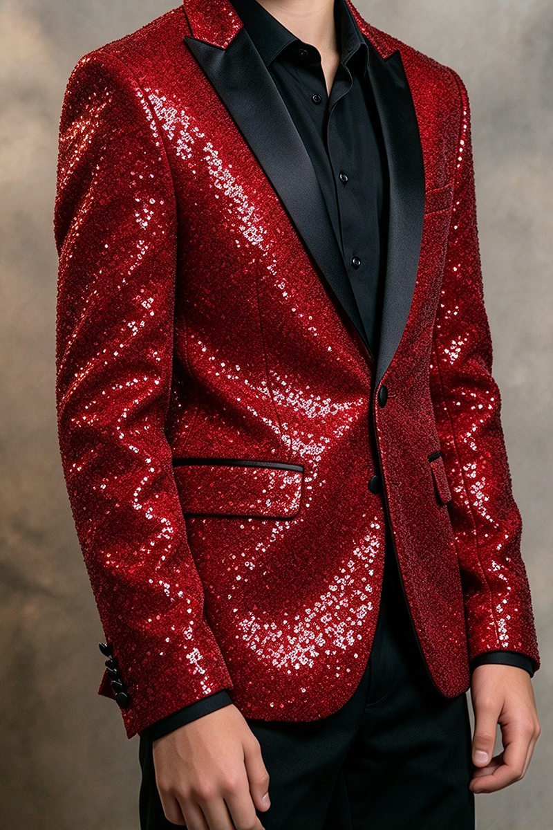Boys Red Sequin Tuxedo with Satin Shawl Lapel 2-Piece Suit