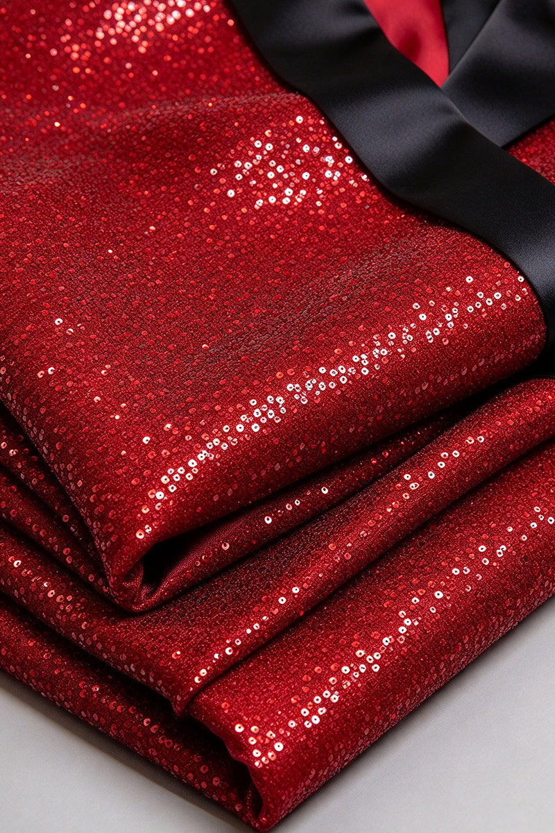 Boys Red Sequin Tuxedo with Satin Shawl Lapel 2-Piece Suit