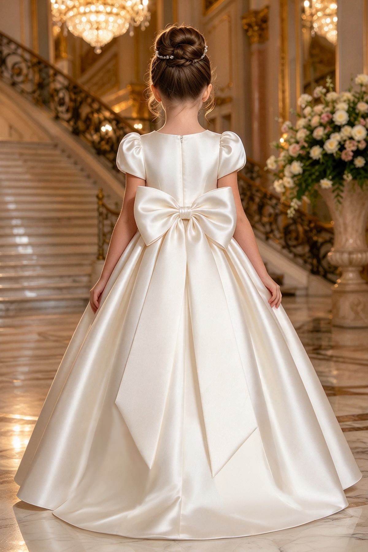 Ivory Satin Puff Sleeve Round Neck Pearl Big Bow A-Line Dress