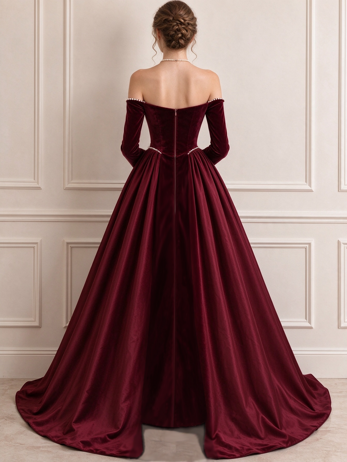 Burgundy Off Shoulder Velvet Satin Pearl A-Line Dress