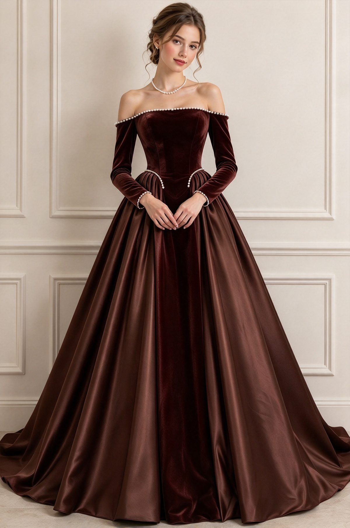 Burgundy Off Shoulder Velvet Satin Pearl A-Line Dress