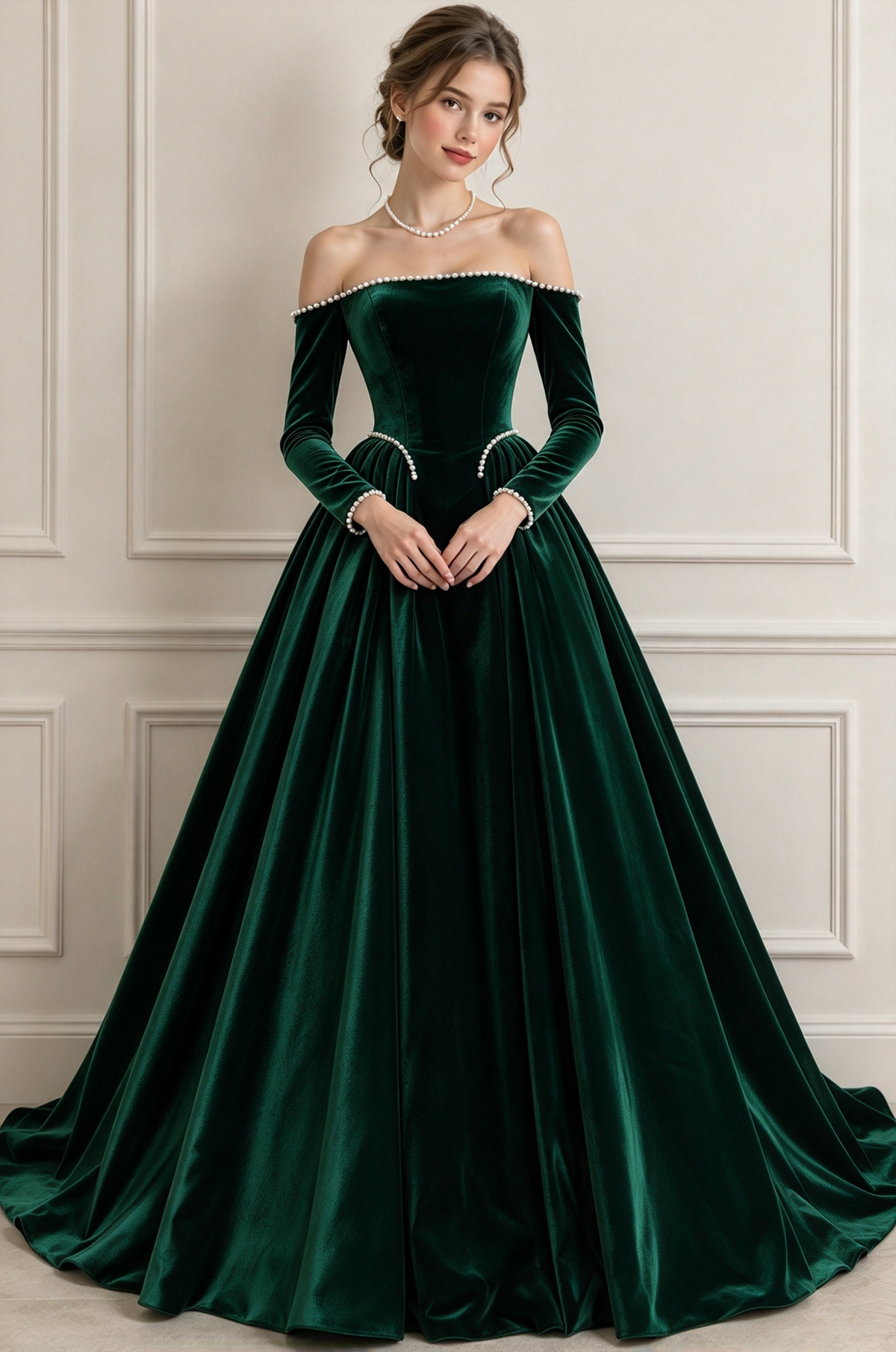Burgundy Off Shoulder Velvet Satin Pearl A-Line Dress