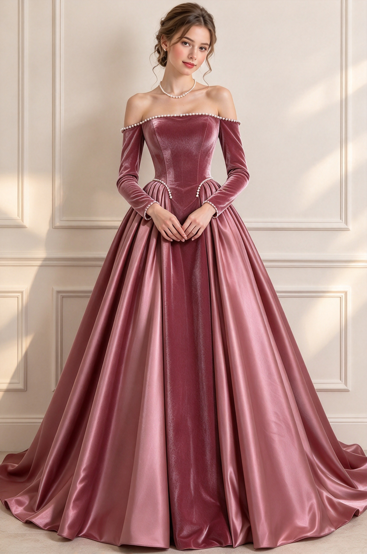 Burgundy Off Shoulder Velvet Satin Pearl A-Line Dress