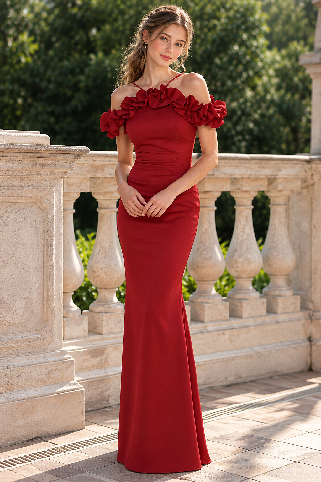 Red Off Shoulder Ruffle Satin Crisscross Back Mermaid Dress