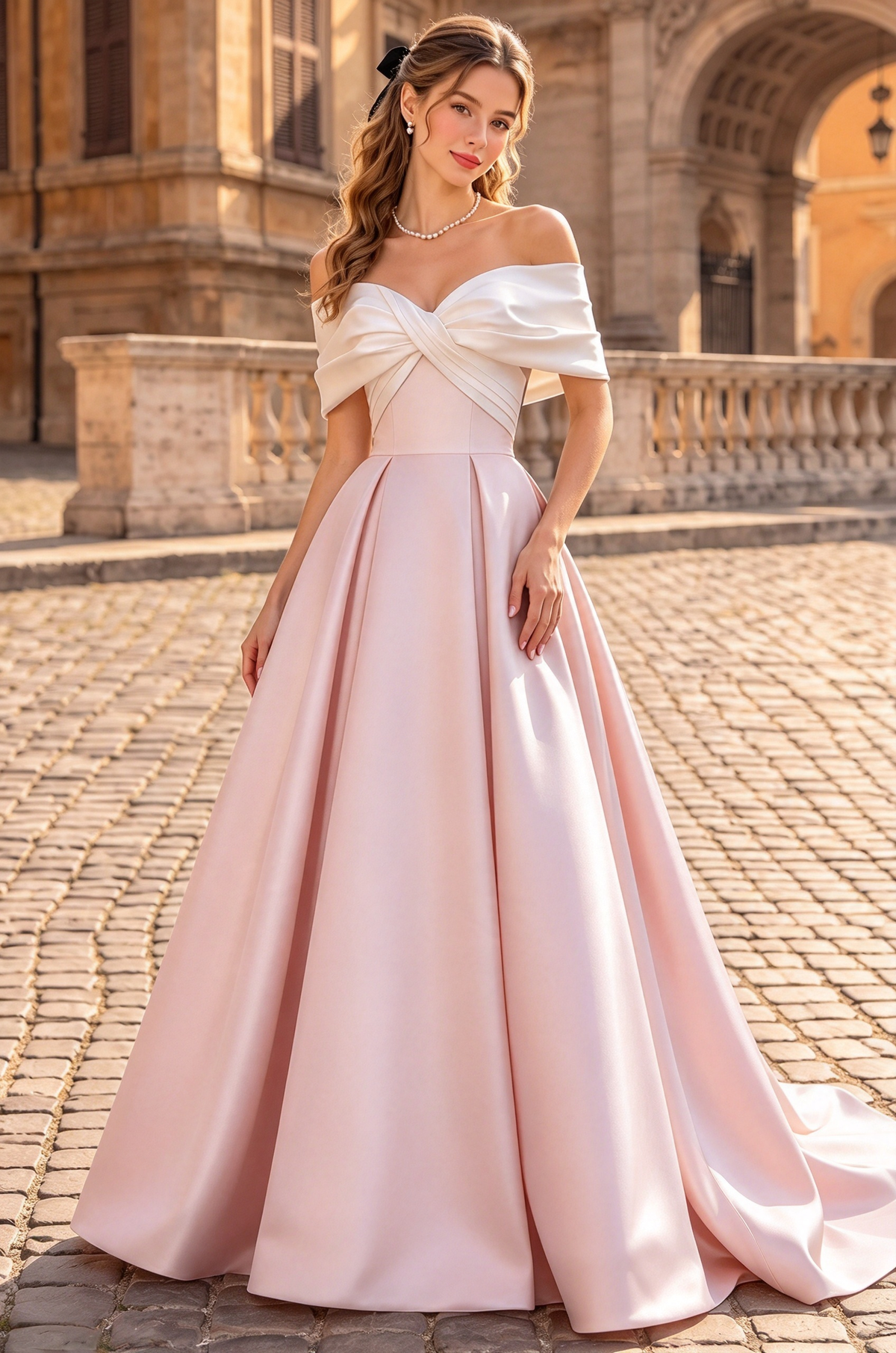 Black & White Contrast Off Shoulder Satin A-Line Formal Dress