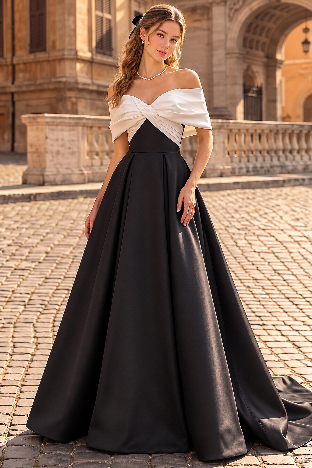 Black & White Contrast Off Shoulder Satin A-Line Formal Dress