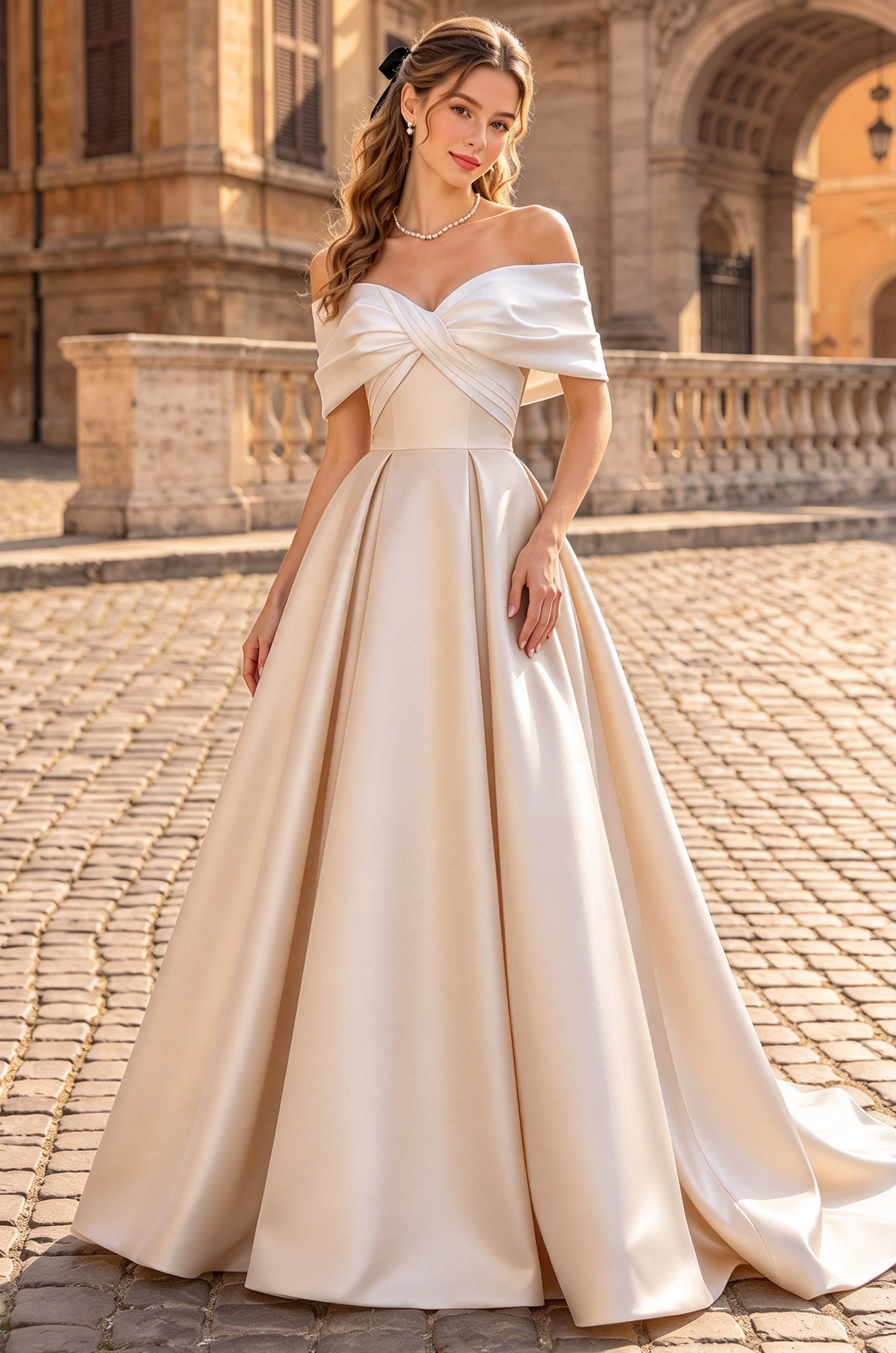 Black & White Contrast Off Shoulder Satin A-Line Formal Dress