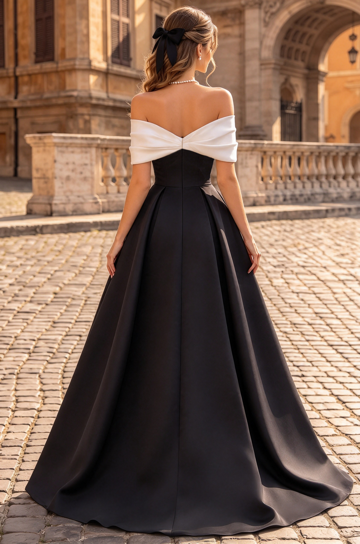 Black & White Contrast Off Shoulder Satin A-Line Formal Dress