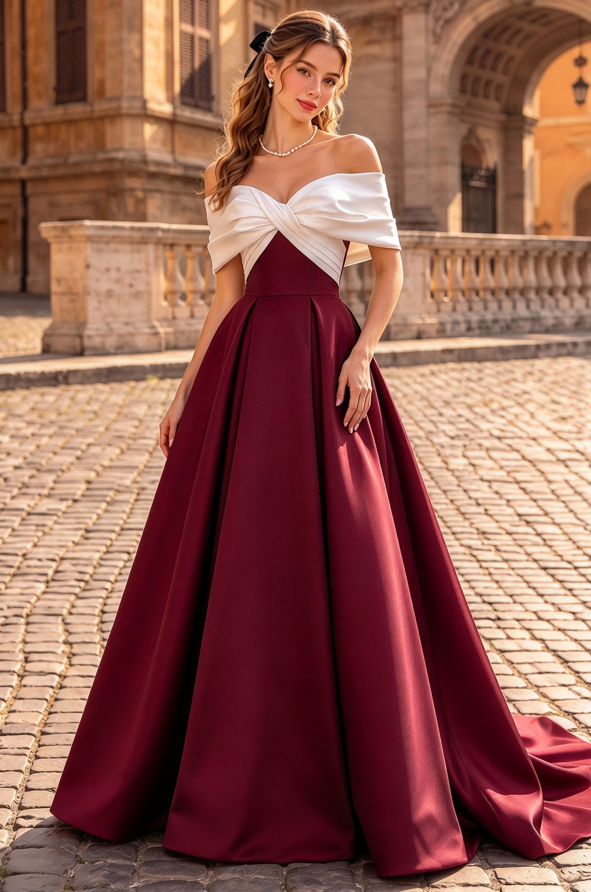 Black & White Contrast Off Shoulder Satin A-Line Formal Dress