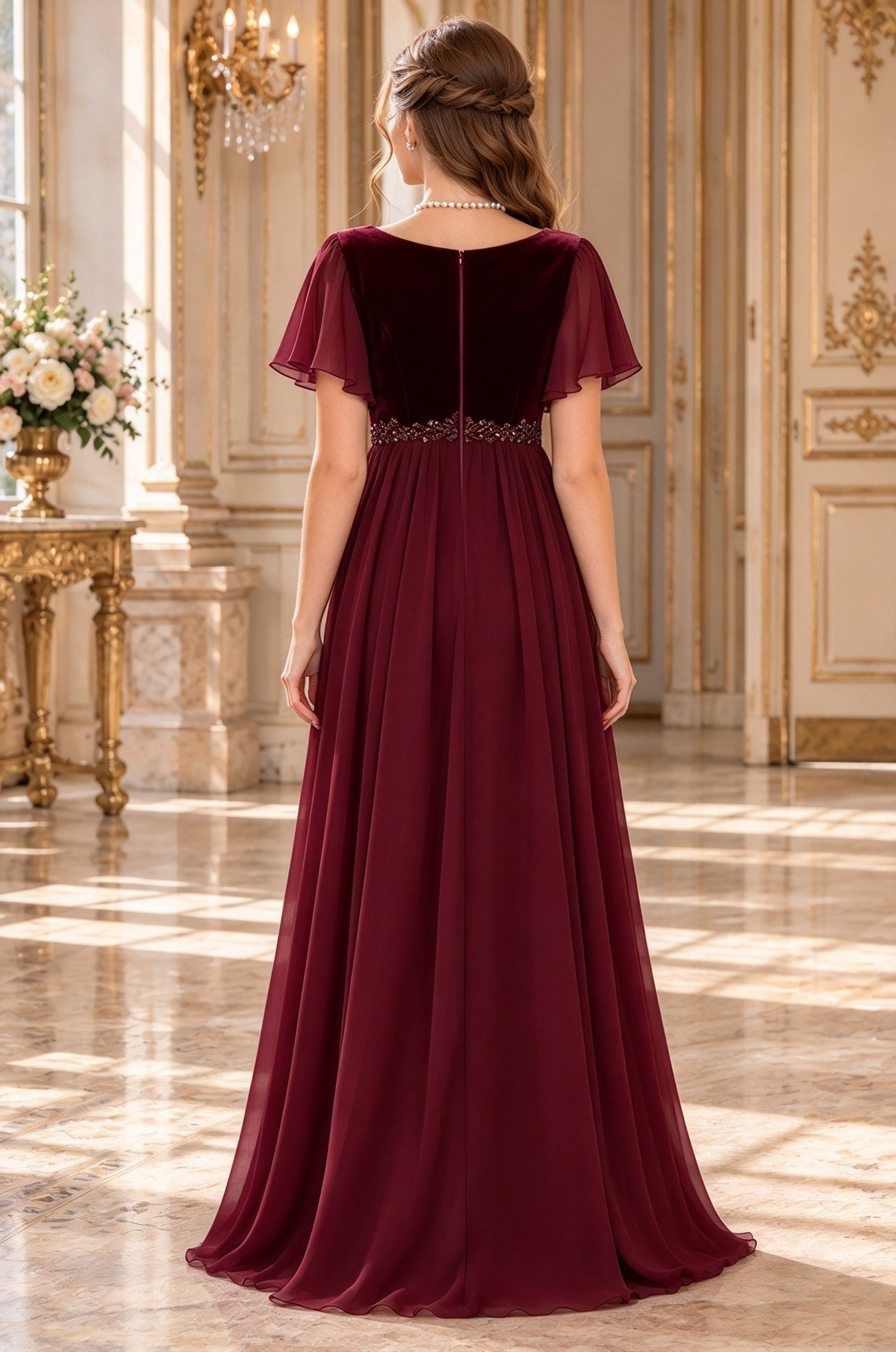 Burgundy Round Neck Velvet Lace Chiffon A-Line Dress