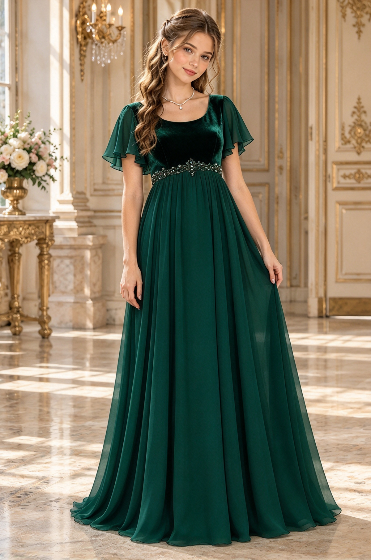 Burgundy Round Neck Velvet Lace Chiffon A-Line Dress