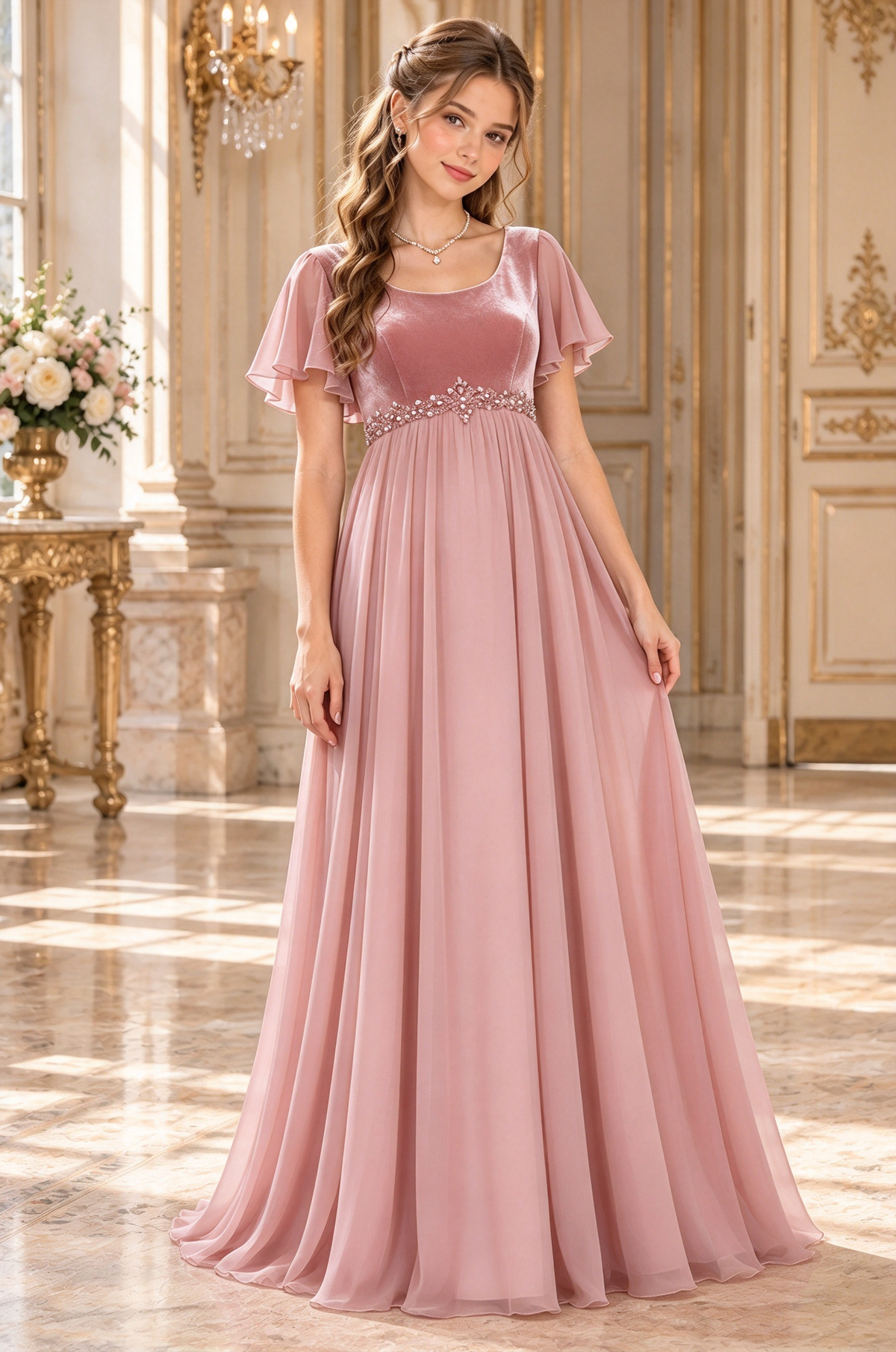 Burgundy Round Neck Velvet Lace Chiffon A-Line Dress