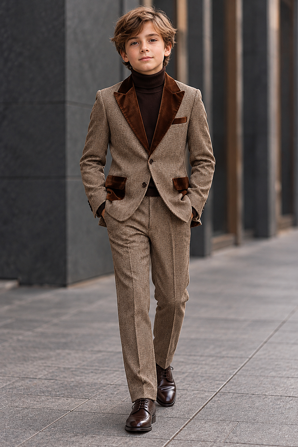 Oat Herringbone Brown Velvet Lapel Single Breasted 2 Piece Suit