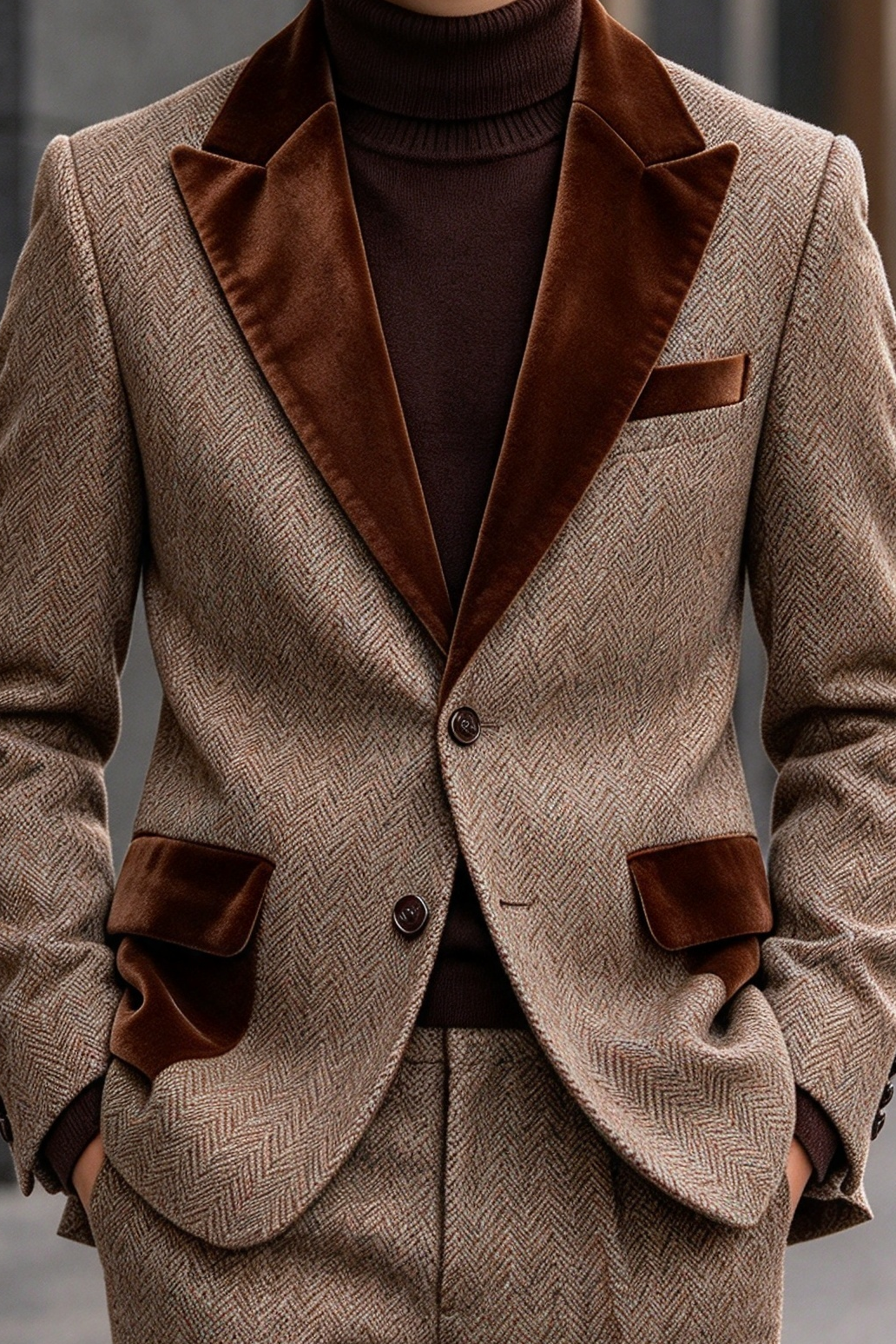 Oat Herringbone Brown Velvet Lapel Single Breasted 2 Piece Suit