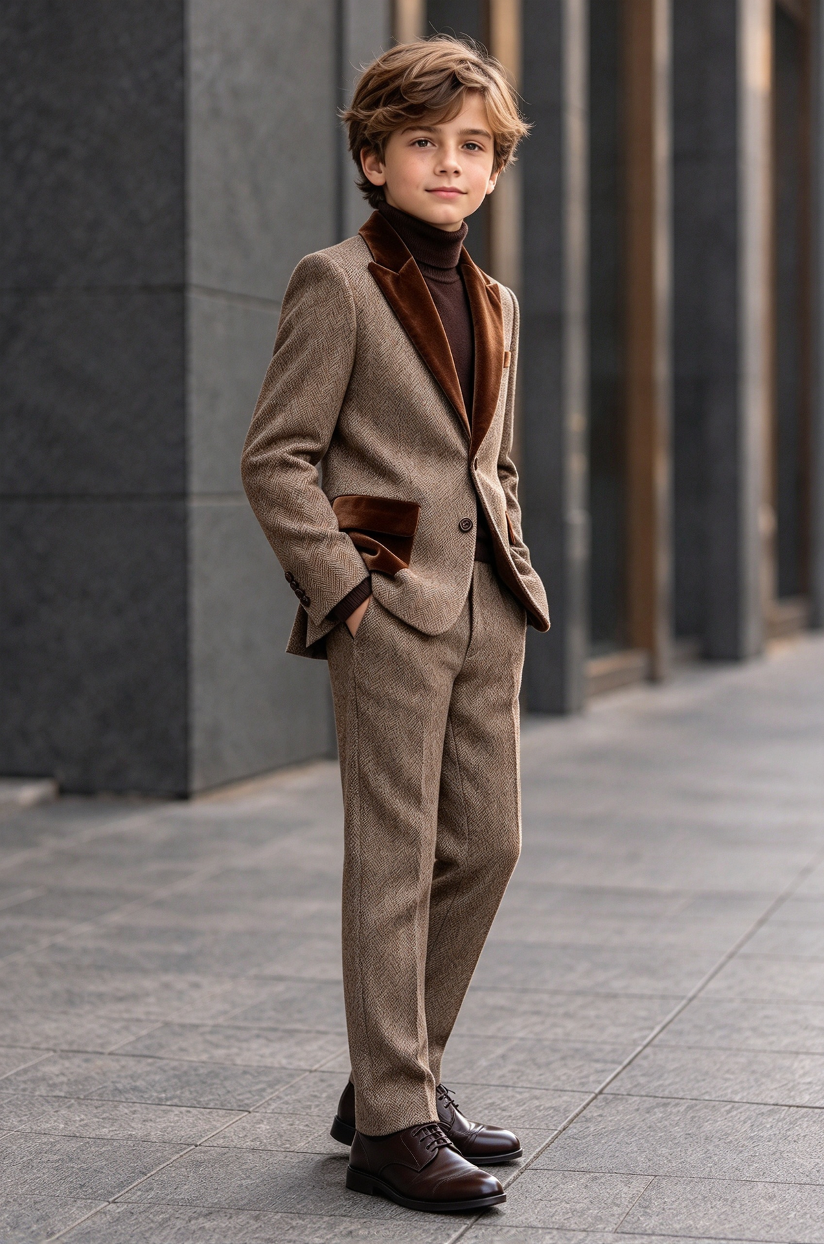 Oat Herringbone Brown Velvet Lapel Single Breasted 2 Piece Suit
