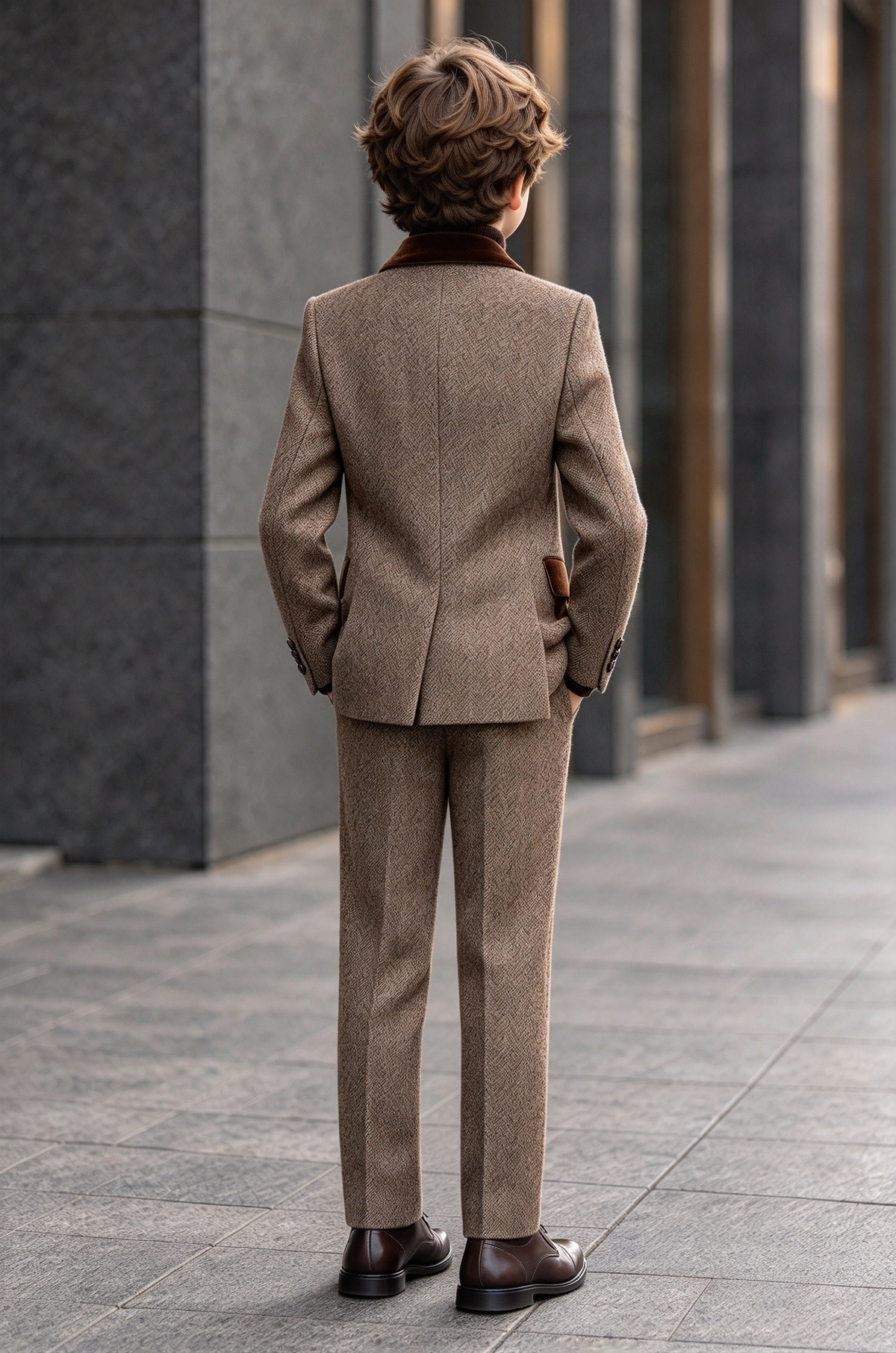Oat Herringbone Brown Velvet Lapel Single Breasted 2 Piece Suit