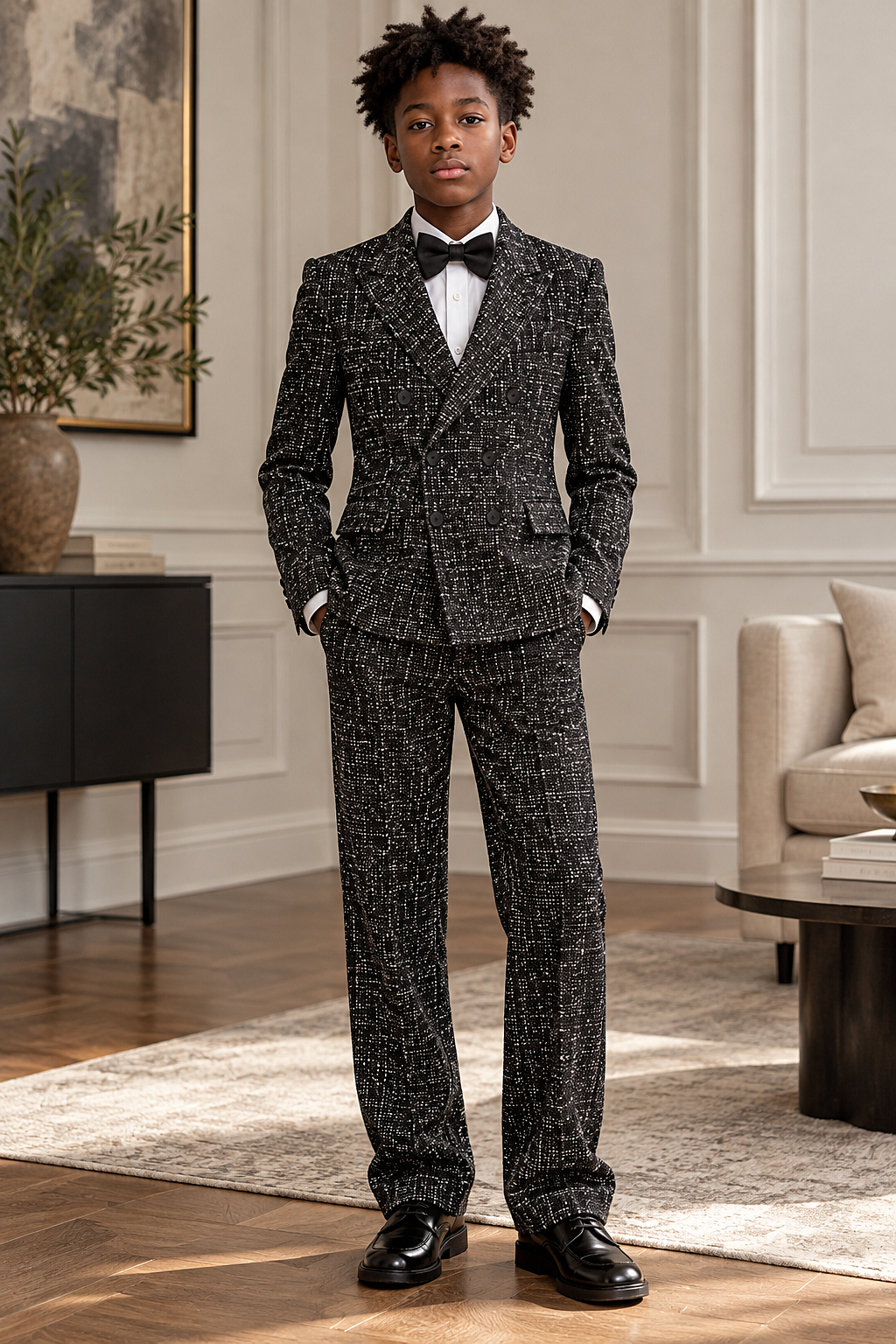 Black Tweed Double Breasted Boys Suit Formal 2-Piece Suit