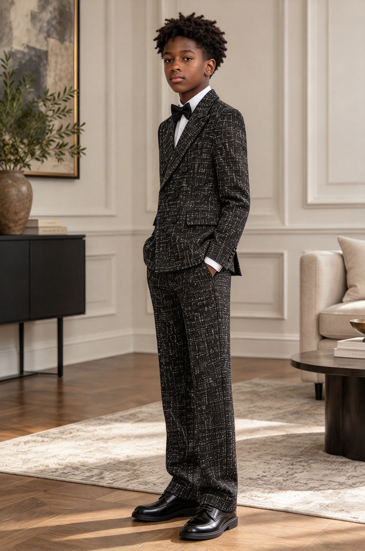 Black Tweed Double Breasted Boys Suit Formal 2-Piece Suit