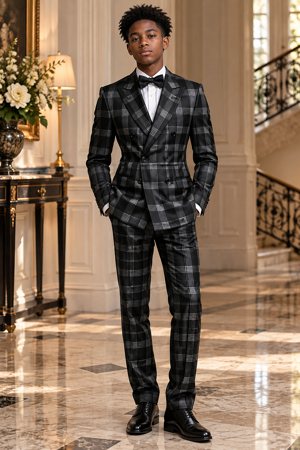 Black Plaid Double Breasted Boys Suit 2-Piece Suit