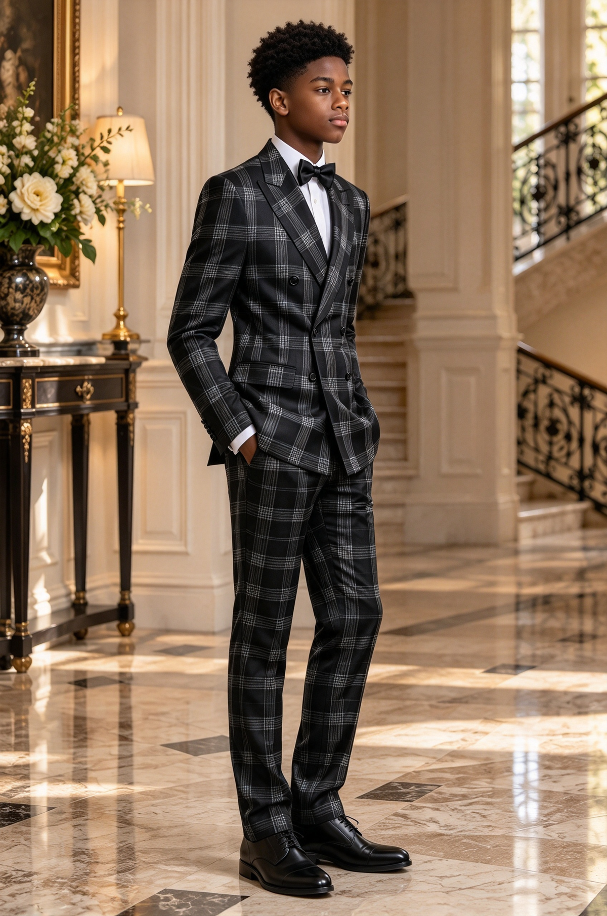 Black Plaid Double Breasted Boys Suit 2-Piece Suit