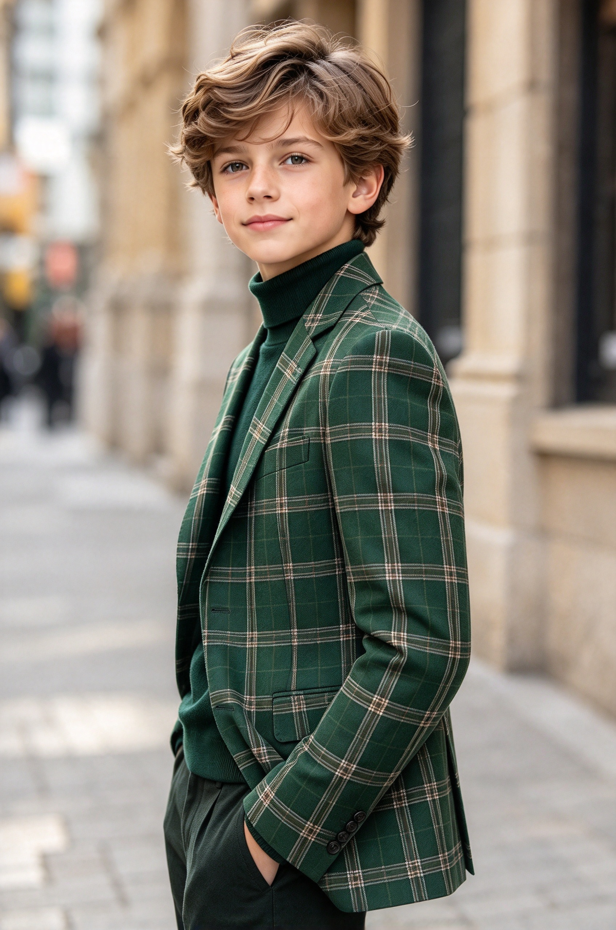 Dark Green Plaid Boys Single Breasted Formal Blazer