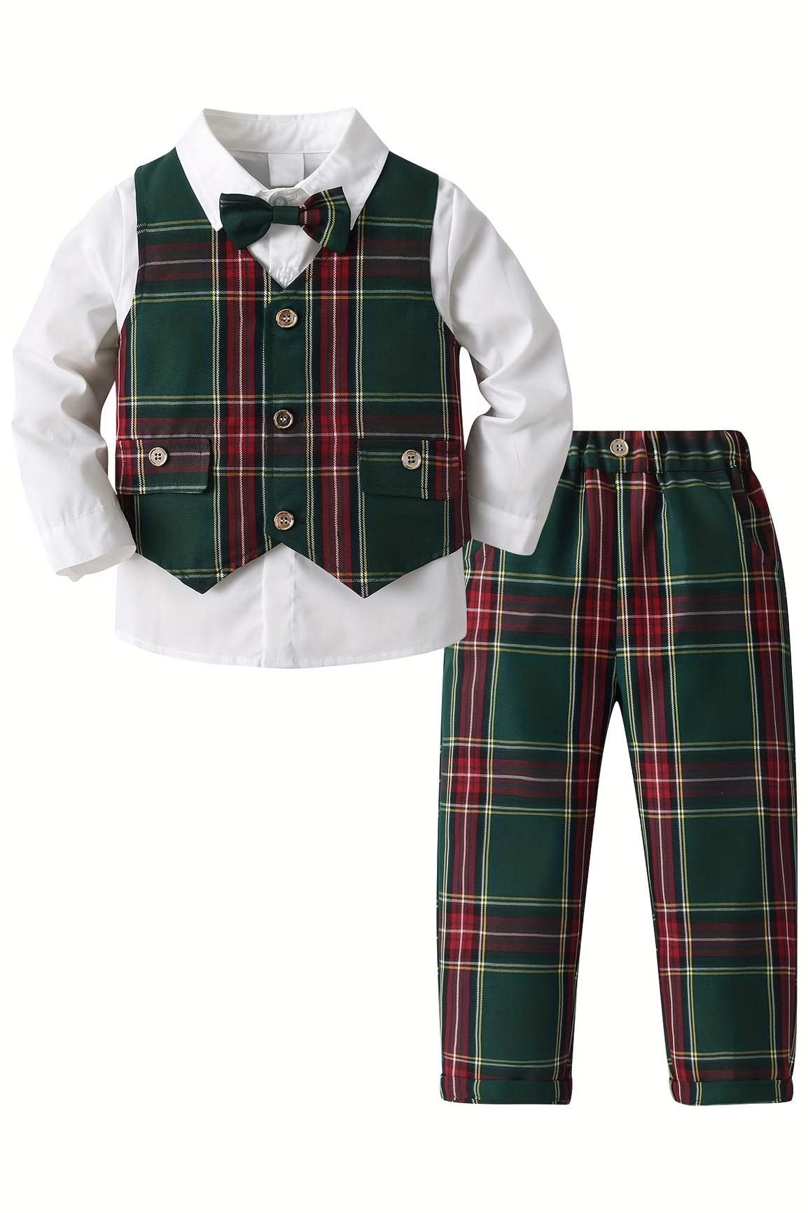 Green Tartan Boys Christmas Vest Suit 2 Piece Set